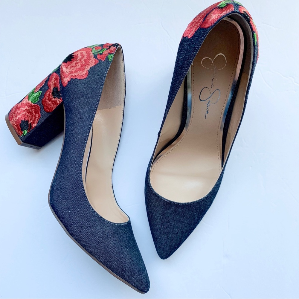 EUC Jessica Simpson Denim Flower Heels Size 8.5